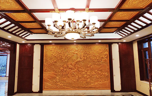道滘镇中式别墅客厅中式木作横梁吊顶装饰展示